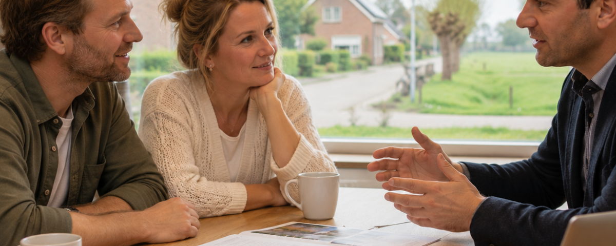 Verzekeringsadviseur bespreekt met twee ondernemers aan tafel de verzekeringsvoorwaarden en risico’s van duurzame investeringen, zoals zonnepanelen en energieopslag.