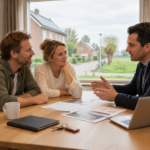 Verzekeringsadviseur bespreekt met twee ondernemers aan tafel de verzekeringsvoorwaarden en risico’s van duurzame investeringen, zoals zonnepanelen en energieopslag.