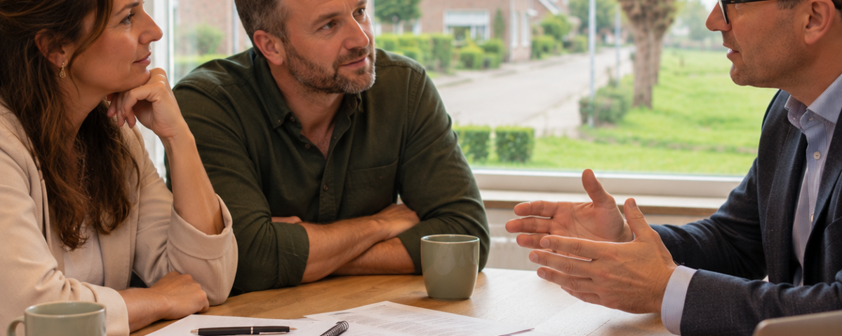 Verzekeringsadviseur bespreekt met twee ondernemers aan tafel de risico’s van milieuschade en het belang van een passende milieuschadeverzekering.