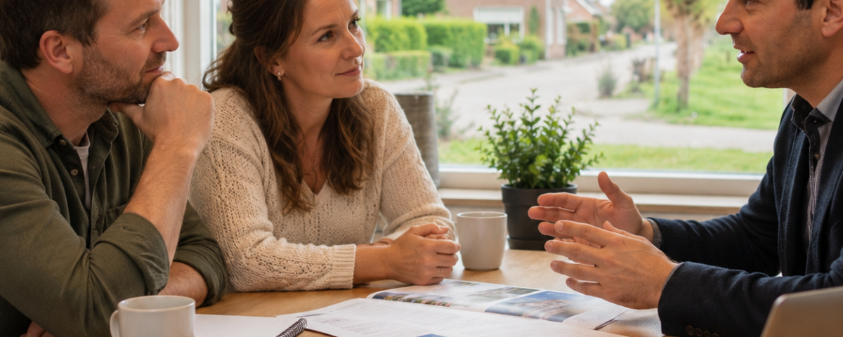 Verzekeringsadviseur bespreekt met twee ondernemers aan tafel de verzekeringsvoorwaarden en brandpreventie voor hun bedrijf.