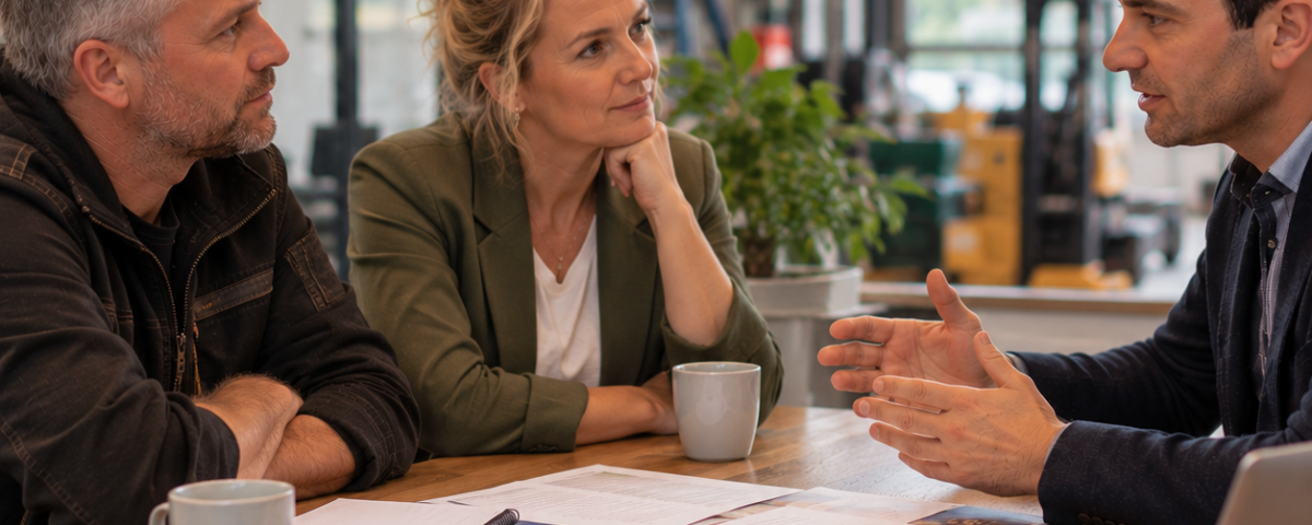Verzekeringsadviseur bespreekt met twee ondernemers de bedrijfscontinuïteit, het verzekerde bedrag en de uitkeringstermijn van een bedrijfsschadeverzekering.