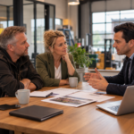 Verzekeringsadviseur bespreekt met twee ondernemers de bedrijfscontinuïteit, het verzekerde bedrag en de uitkeringstermijn van een bedrijfsschadeverzekering.